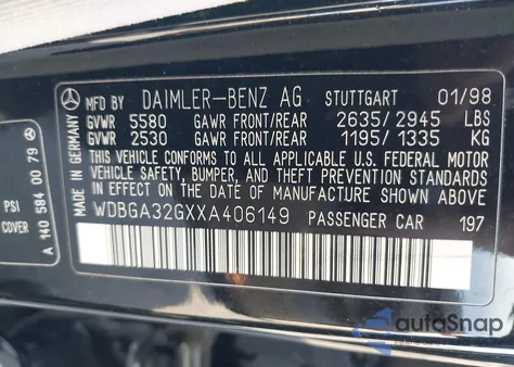 1999 Mercedes-Benz S 320 from USA, damaged, VIN WDBGA32GXXA406149